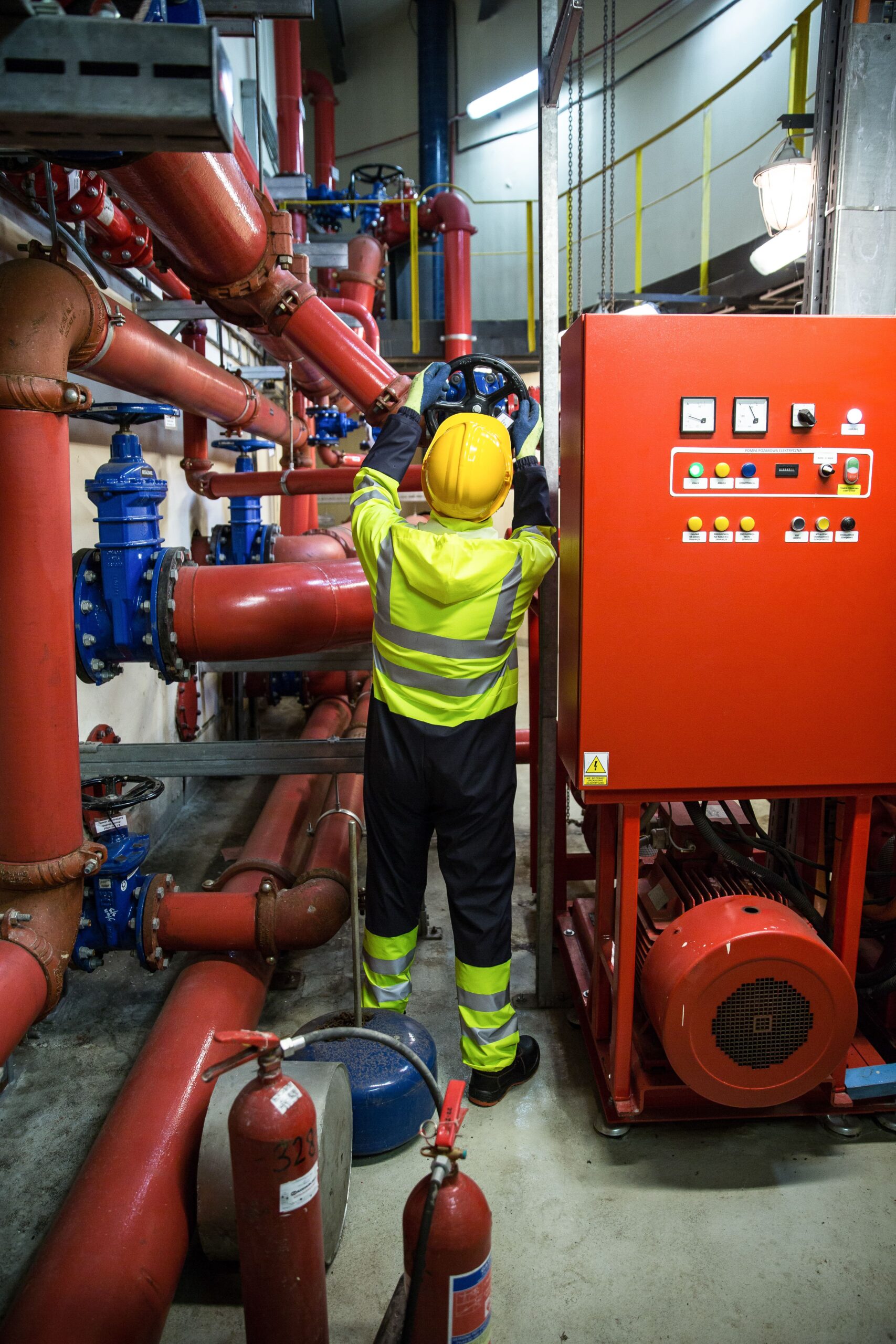 Técnico de SECICRA inspeccionando equipo y tuberías del sistema contra incendio